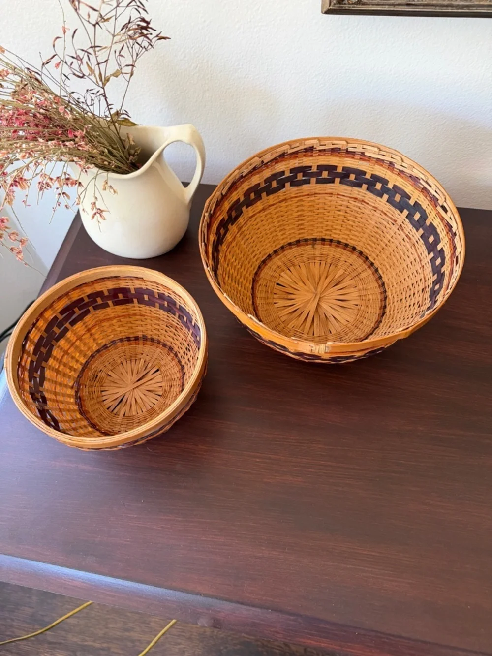 Vintage Handwoven Natural and Dark Brown Wicker Decorative Basket Set